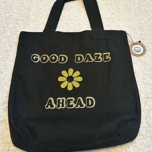 “Good Daze Ahead” Black Tote Bag with Yellow Rhinestone Flower Gold Glitter